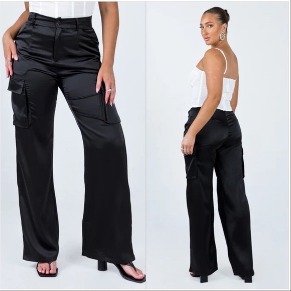 Princess Polly Gilmore Cargo Pants Black Silky - Picture 1 of 9